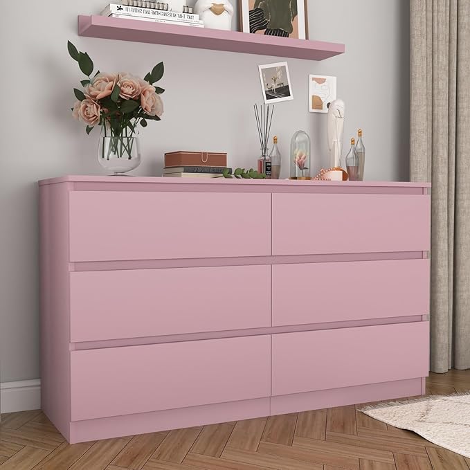 Pink Dresser for Bedroom, Modern 6 Drawer Dresser with Deep Drawer,Wide Storage Chest of Drawers, Bedroom Storage Organizer Furniture,TV Stand for Living Room