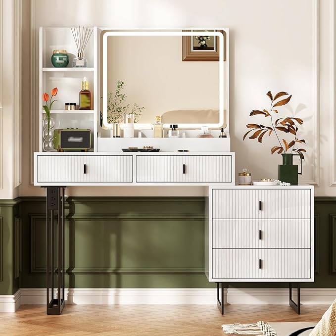 Large Vanity Desk with 3 Color Touch Screen Dimming Mirror, Vanity Desk with Charging Station, Modern Retractable Makeup Dressing Table, Makeup Table With storage shelves and 5 Sliding Drawers, White