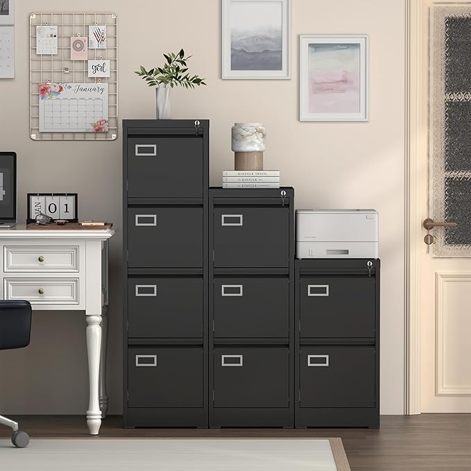 4 Drawer File Cabinet with Lock,Vertical Narrow Filing Cabinets for Home Office, Metal Black File Cabinet for A4 Legal/Letter Size