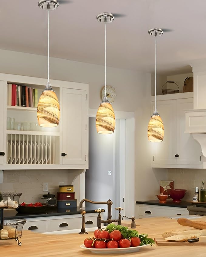 Mini Pendant Lights Kitchen Island Light Brown Glass Lamp Shade Hand Blown Glass Pendant Light with Brush Nickel Finish Adjustable Cord for Kitchen Over Sink, Dining Room (Light Brown-1P)