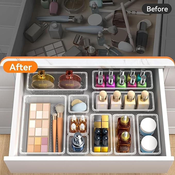 WOWBOX 32 PCS Clear Plastic Drawer Organizer Set, 4 Sizes Desk Drawer Organization and Storage Containers for Makeup, Cosmetics, Jewelry and Gadgets in Kitchen, Bathroom, Bedroom, Office, Clear