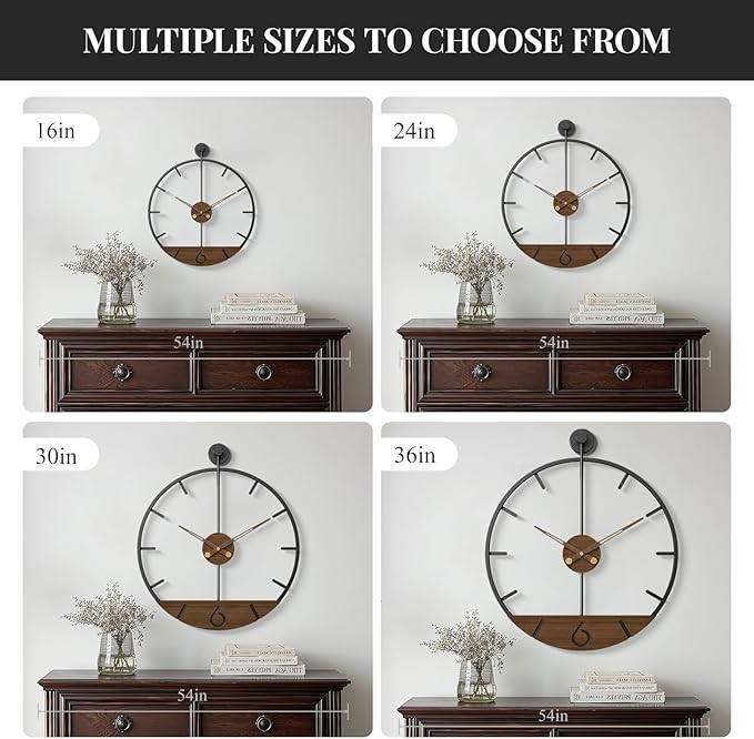 16 Inch Wall Clock with Walnut Wood Dial, Modern Decorative Clock Silent Non-Ticking Battery Operated Metal Frame for Living Room, Kitchen, Office, or Bedroom Wall Decor, Black and Brown