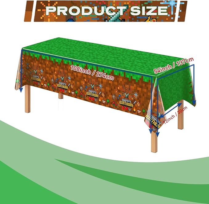 4Pcs Pixel Miner Party Decorations Tablecloth, 54" x 108" Gamer Birthday Tablecloth Disposable Plastic Pixel Gaming Birthday Decorations Table Cover for Kids Gamer Party Supplies