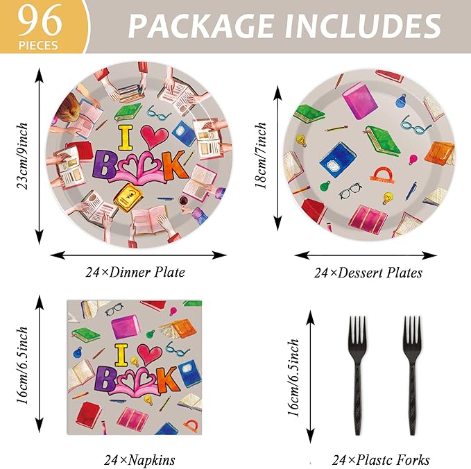 Wiooffen 96 Pcs Book Club Birthday Party Plates Napkins Tableware Set Book Themed Party Supplies Disposable Dinnerware Books Decoration Favors for Library Reading Party Table Decor, 24 Guests
