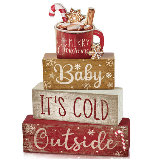 Moucuny 4 Pcs Christmas Table Decor Wooden Hot Cocoa Decoration Christmas Centerpiece Winter Tiered Tray Decor Decorative Red Hot Cocoa Block Signs Gift Farmhouse Xmas Decoration for Home Kitchen