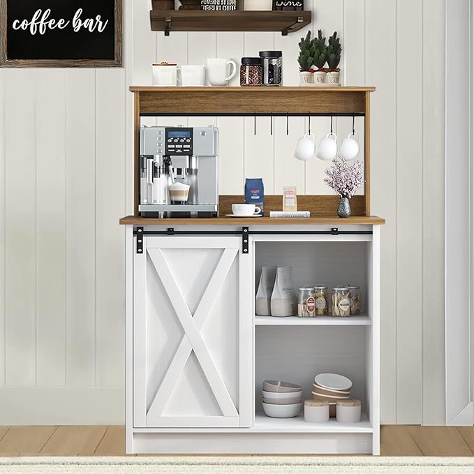 Farmhouse Coffee Bar Cabinet with 6 Hooks, White Coffee Bar Hutch with Storage, 50 Inch Buffet Cabinet with Sliding Barn Door, Coffee Bar Table with Adjustable Shelves for Living Dining Room