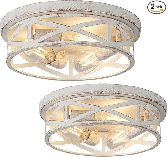 2 Pack Close to Ceiling Light Fixtures, 3-Lights Cage Flush Mount Ceiling Light, 13 Inch White and Gold Semi Flush Mount Ceiling Light for House Bedroom Laundry Hallway Kitchen