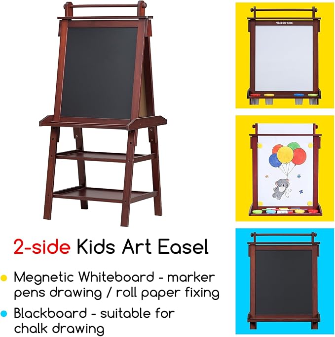 MEEDEN Art Easel for Kids: Double-Sided Wooden Kids Easel with Paper Roll for Boys Girls - All-in-One Kids Art Easel with Chalkboard & Magnetic Whiteboard or Aged 4-8, 8-12 Painting Drawing