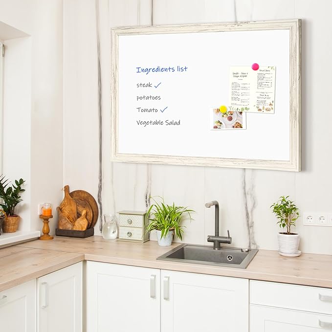 4 THOUGHT Dry Erase Board, 18 x 24 in Magnetic Whiteboard White Vintage Wood Frame Wall-Mounted White Board Decorative Notice Board for School, Office, Home, 6 Magnets 4 Markers 1 Eraser