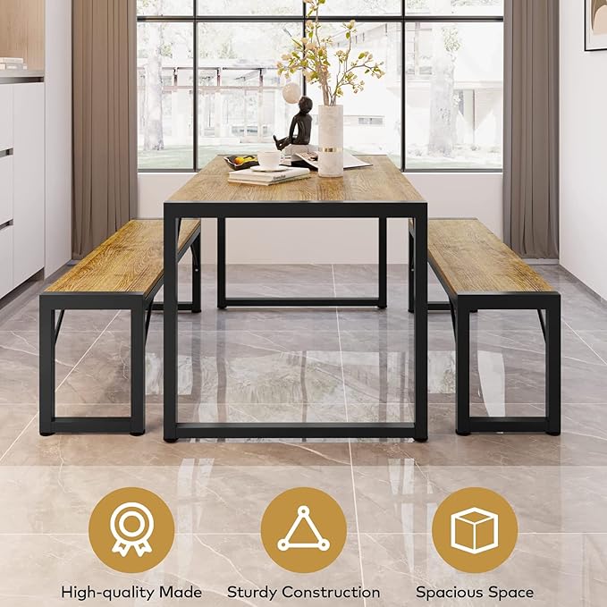 Gizoon 45.5" Dining Table Set for 4 with 2 Benches, Kitchen Table Set with Metal Frame & MDF Board, Space-Saving Dinette for Kitchen, Dining Room -Retro