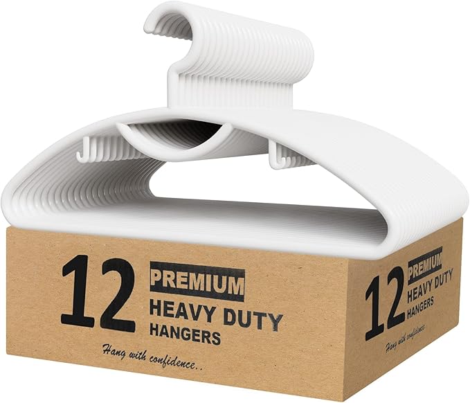 Plastic Clothes Hangers- 12 Pack Heavy Duty Plastic Hangers for Clothes, Coats, Dress, Suits- Non Slip Closet Cloth Hanger with Hook for Scarves, Belts & Ties- Snag Free White Hangers for Shirts