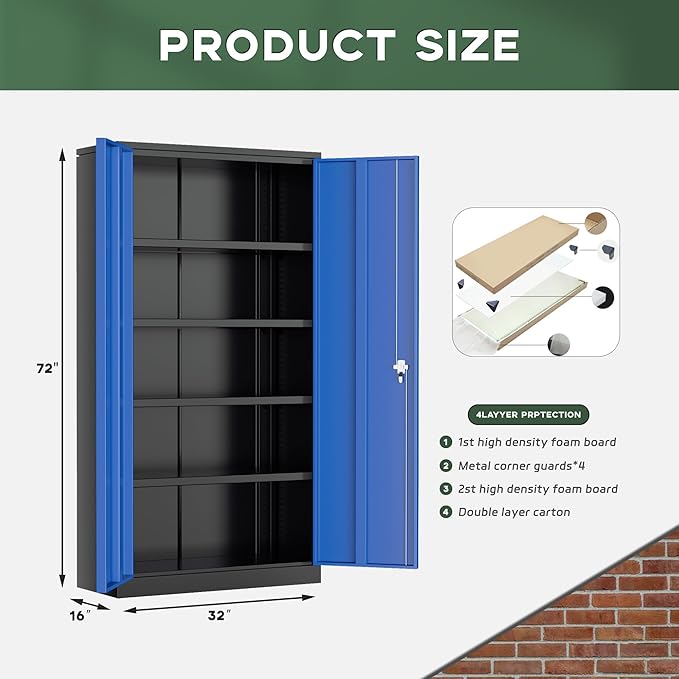 Greenvelly Metal Garage Storage Cabinet with Doors and Adjustable Shelves,72" Steel Lockable File Cabinet for Home Office,Garage,School(Black Blue,32" W x 16" D)