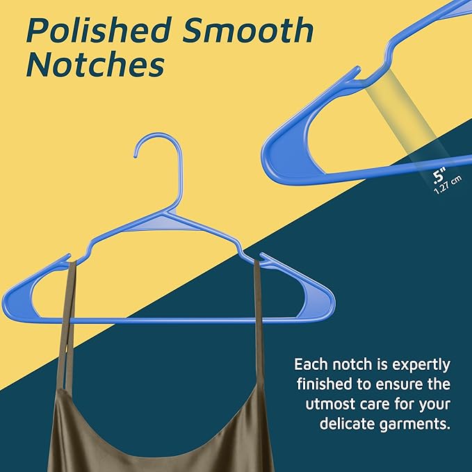 Plastic Clothes Hangers – Heavy Duty Hanger Set, for Organizing Clothes, Dresses, and Coat, Holds Up to 5 lbs, Space-Saving Hangers with Non-Slip Shoulder Grooves, Pack of 50, Blue