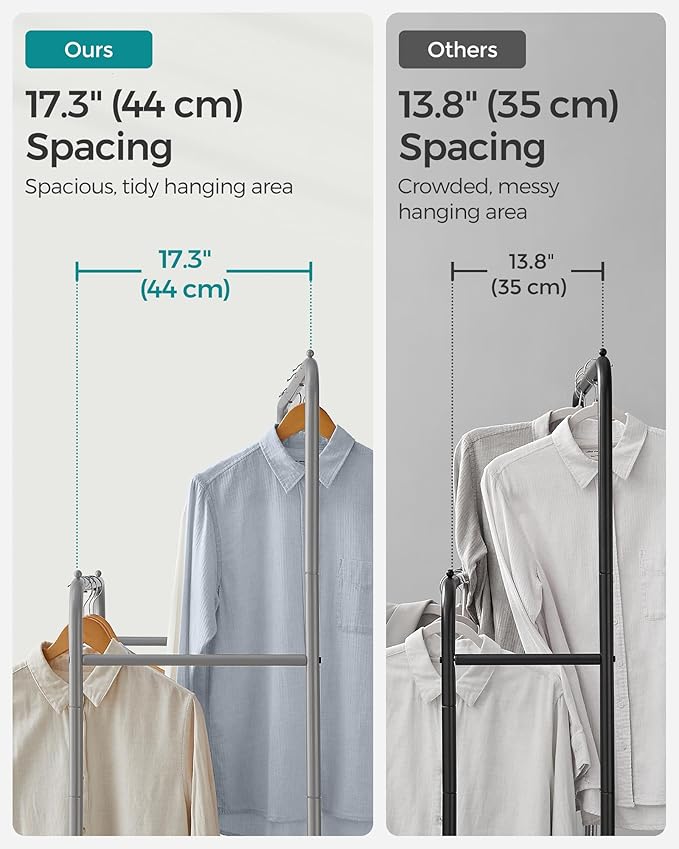 SONGMICS Double Rods Clothes Rack with Wheels, Clothing Rack for Hanging Clothes, Heavy Duty Garment Rack with Mesh Storage Shelf, 2 Brakes, Each Top Rail Holds up to 77 lb, Gery UHSR026G01