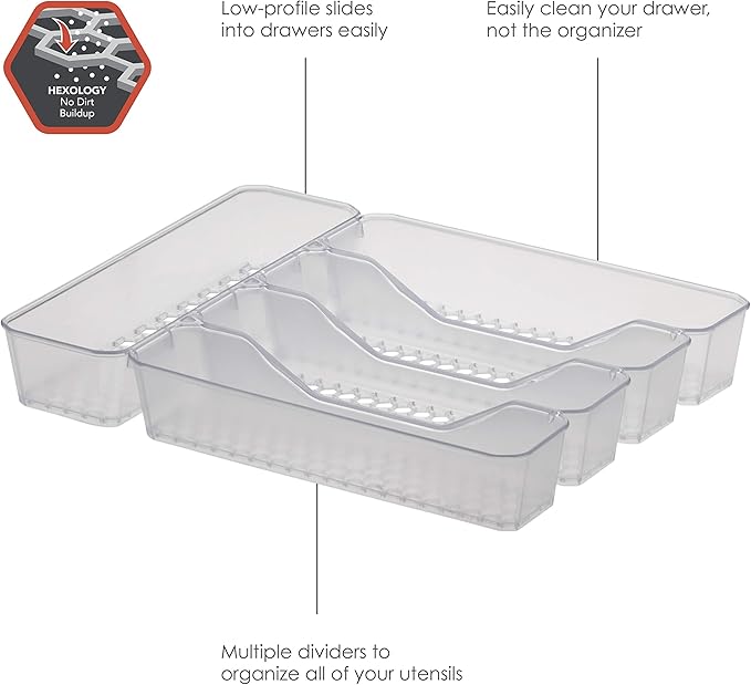 Spectrum Diversified Hexa Drawer Organizer Tray Modern Kitchen Cutlery, Utensil, Silverware Holder Caddy, 5 Dividers Cabinet Storage, 10 x 13, Clear Frost