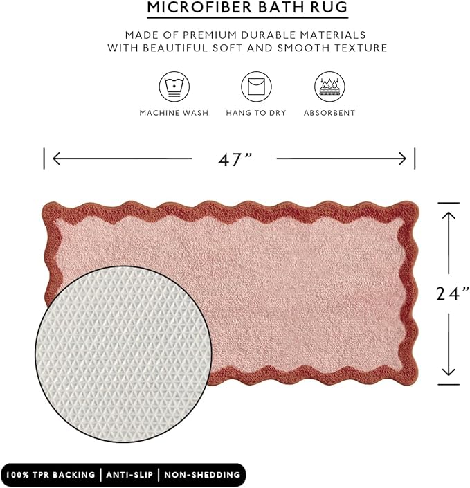 MONDAY MOOSE Bath Mat with Scalloped Wavy Ripple Design, Microfiber Absorbent Non Slip Tufted Rug for Floor, Shower or Kitchen (24x47 inch, Blush)