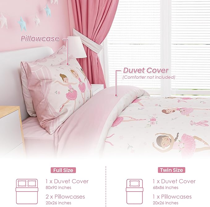 SANDJEST Ballet Duvet Cover Sets Full Size for Kids Girls, Incude 1 Polyester Comforter Cover 80x90 Inches and 2 Pillowcases 20x26 Inches, Comforter Not Included, Gift for Christmas Birthday