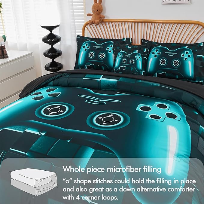 PERFEMET 6-Piece Boys Gamer Comforter Set Queen Size Teal Blue Video Game Controller Bedding Set with Sheets Lightweight 3D Black Gaming Pattern Bed in a Bag for Kids Teen(Teal, Queen)
