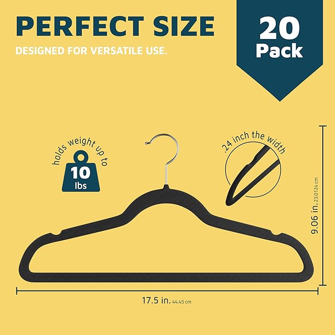 Velvet Non-Slip Plastic Hanger Set - 20 Pieces Non-Slip Clothes Hanger Set with 360° Swivel Hook, Space-Saving, Sleek Design, Smooth Velvet Finish, Lightweight Construction - Black