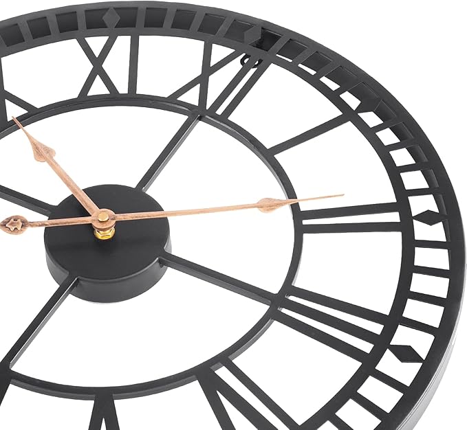 18 Inch Wall Clock for Living Room Decor, Silent Non-Ticking Battery Operated Metal Wall Clock, Indoor Outdoor Clocks with Roman Numerals, Black