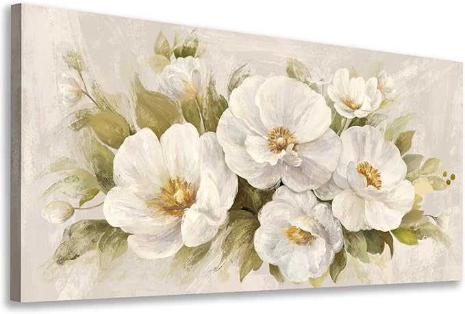 yearainn Abstract Flowers Canvas Wall Art - Beige Flower Pictures Blooming Floral Painting Wall Decor Minimalist Peony Printing Artwork for Living Room Bedroom Home Office Decorations 29" x 58"