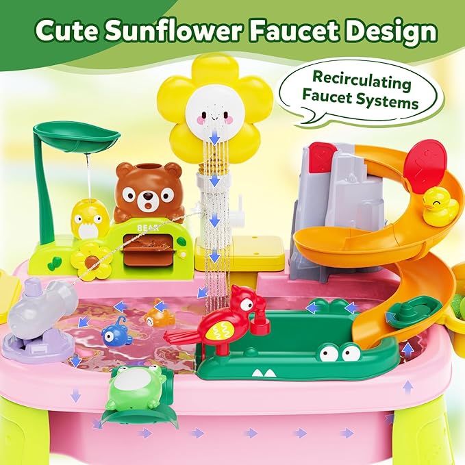 Toddler Water Table, Kids 4-8 Years Water Table with Pump, Sensory Table with Toy Vegetables, Dinnerware and Fishing Game, Outdoor Toys Summer Beach, for 3 4 5 6 7 8