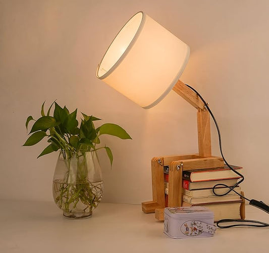 ELINKUME Robot Bedside Lamp, Fabric Lampshade Match Foldable Solid Wood Body, Creative E27 Screw Table Lamp for Bedroom Living Room