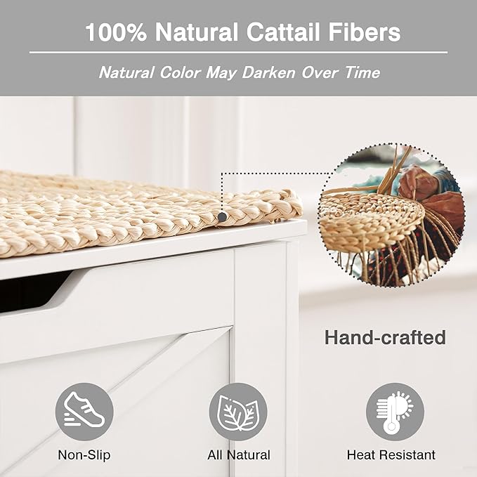 VECELO 30" Farmhouse Style Storage Bench, Entryway Shoe Ottoman, with Handwoven Cushion, with Metal Safety Hinges, for Bedroom, Living Room, Entryway, White