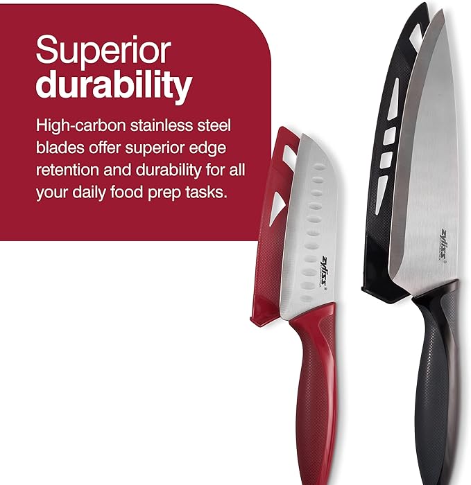 Zyliss Utility Kitchen Knives with Sheath Covers - Dishwasher Safe - Stainless Steel Kitchen Knives Perfect for Cutting Meat, Vegetables & Fruit - 2 Piece Santoku & Chef Set