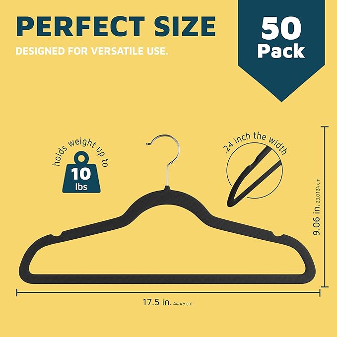 Velvet Non-Slip Plastic Hanger Set - 50 Pieces Non-Slip Clothes Hanger Set with 360° Swivel Hook, Space-Saving, Sleek Design, Smooth Velvet Finish, Lightweight Construction - Black