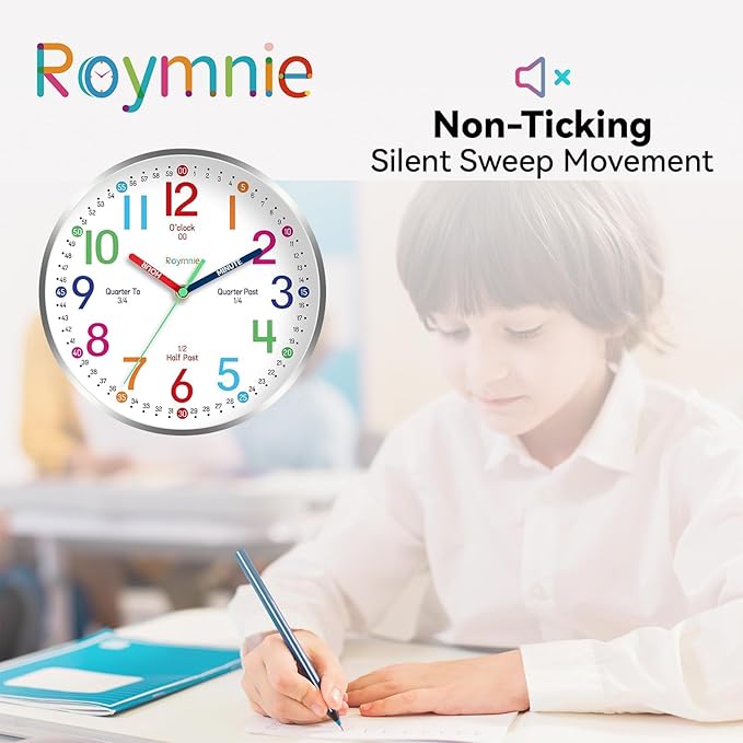 Wall Clock for Kids Learning to Tell Time Easily Non Ticking Battery Operated Kids Teaching Clock Silent Colorful Teaching Time Clock Decorative for Kids Room Classroom School (12 Inch)