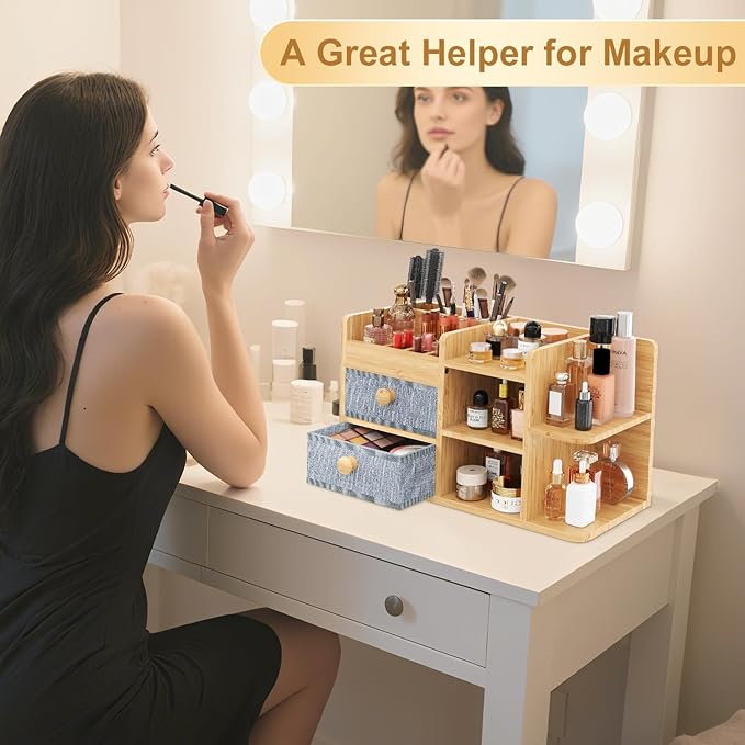 Bamboo Makeup Organizer Countertop For Vanity Dresser,Large Bathroom Counter Organizers And Storage,Cosmetic Skincare Perfume Organizer With 3 Makeup Brush Holder/2 Drawers/5 Shelves /8 Compartments
