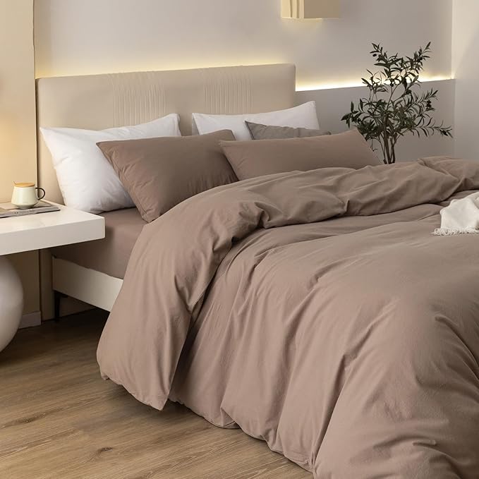 JIYUAN 100% Washed Cotton Duvet Cover Set 3 Pieces Oversized Queen, 1 Duvet Cover 98x98 Inches(Comforter Not Included) and 2 Pillowcases,Linen Feel Bedding Set Comfy and Breathable,Light Brown