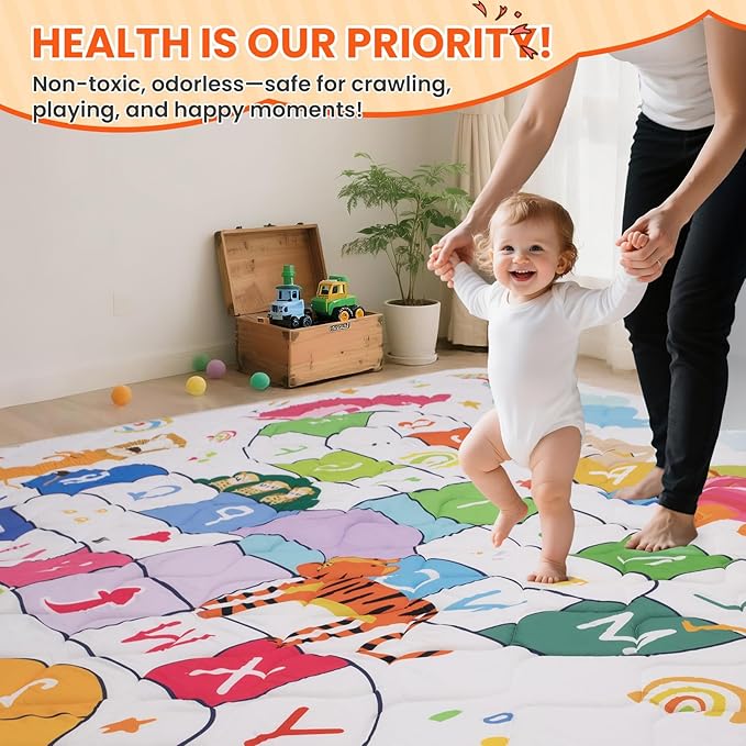 Baby Play Mat for Floor,50x50 Inch Soft Padding Crawling Mat for Playpen, Foldable and Machine Washable, Thick for Babies & Toddlers,Animal School