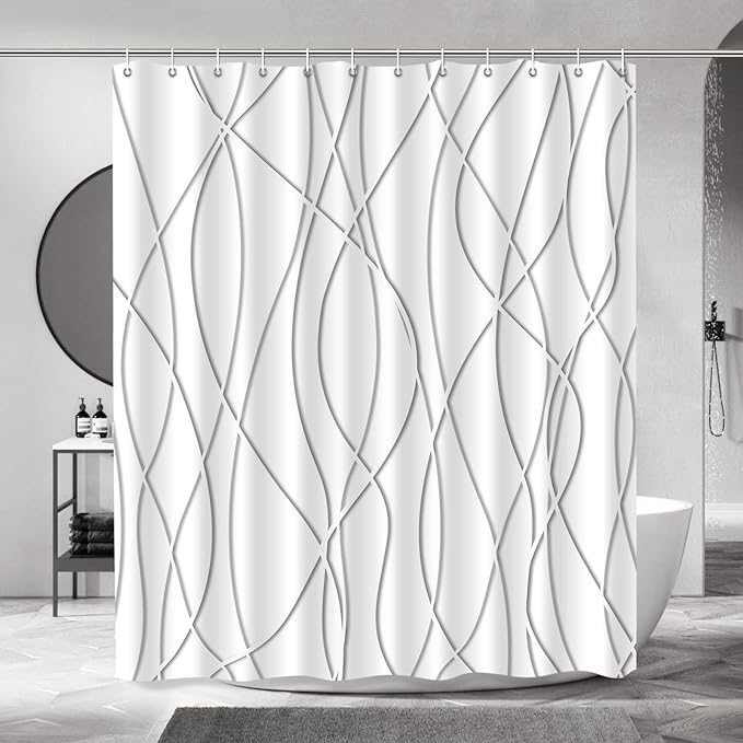 Punkray Grey Shadow Shower Curtain for Bathroom with Hooks, Shower Curtain Set Stripe Bath Curtains Decor White Shower Curtains Weighted Hem Washable, 72 x 72