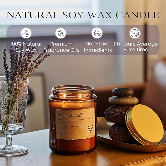 M&SENSE Roasted Coffee Home Scented Candle | 19.4oz, 117-Hour Burn | Natural Organic Soy Wax | Long-Lasting for Stress Relief and Gifting | for Bedroom，Relaxing SPA，Office