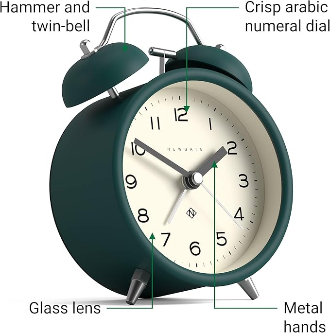 NEWGATE® Charlie Bell Echo Alarm Clock | Modern take on Classic Twin Bell Clock | Eden Green | Easy to Read Numbers | Ideal for Bedside, Desk or Shelf | Modern Retro Bedroom & Office Accessory