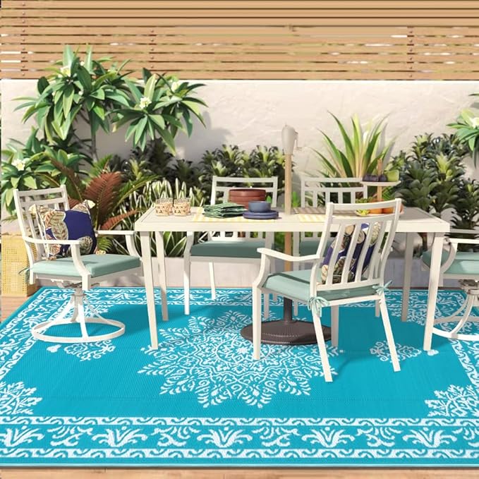 Yamaziot Outdoor Rug 9x12 Ft, Waterproof Plastic Straw Patio Rug, Reversible Backyard Carpet UV Resistant Portable RV Mat Clearance, Large Indoor Outdoor Rug for Patio, Porch, Deck, Balcony, Teal