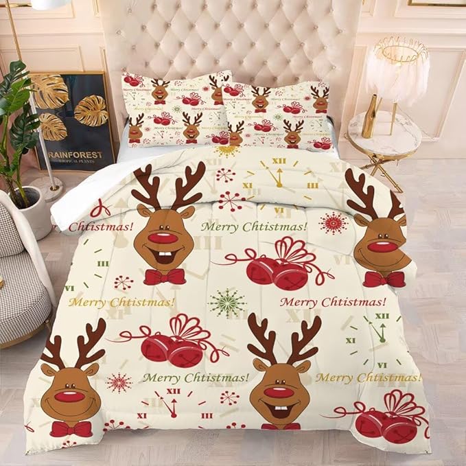 Christmas Comforter Set Full/Queen for Boys Girls, Cartoon Merry Christmas Reindeer Print Bedding Set, Christmas Decorations Cute Beige Xmas Bed Set with 1 Comforter and 2 Pillowcases