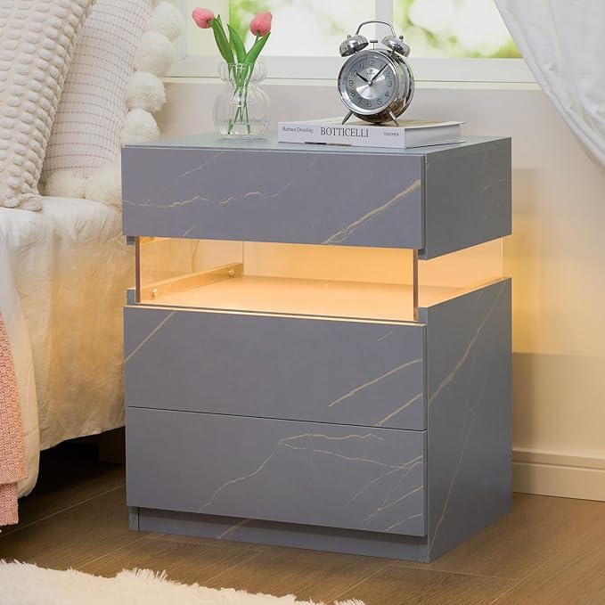 Bingoday LED Nightstands LED Bedside Tables with 3 Drawers Night Stand with Acrylic Board Modern LED Nightstand