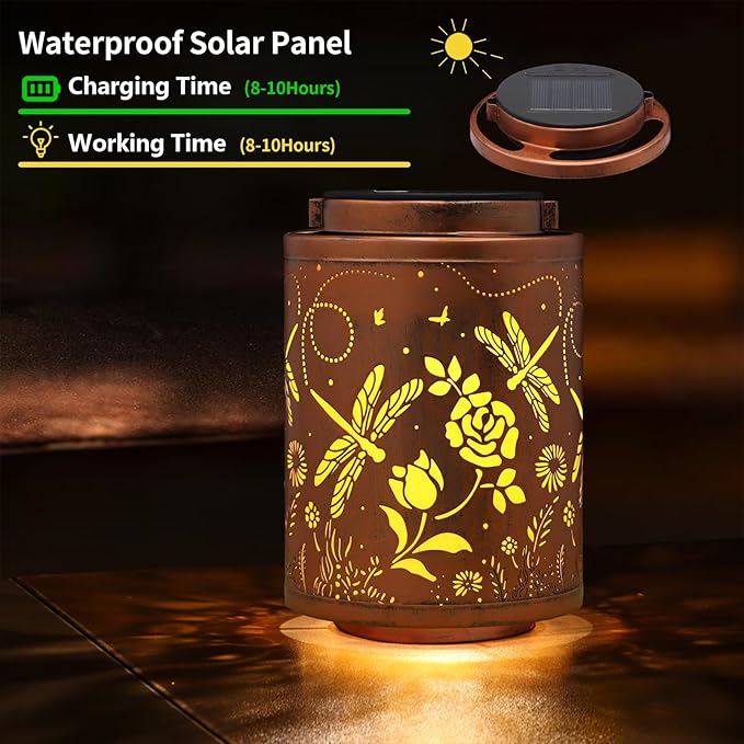 Solar Dragonfly Garden Decor LED Light Hanging Waterproof Metal Lantern for Patio, Pathway, Yard