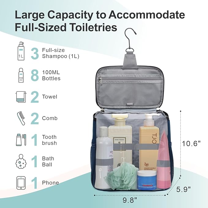 F-color Hanging Shower Caddy Portable - College Dorm Essentials for Guys with Hooks, Quick-Dry Shower Bag for Dorm Travel Gym Camping Essentials, Water-Resistant with Multiple Pockets, Dark Grey