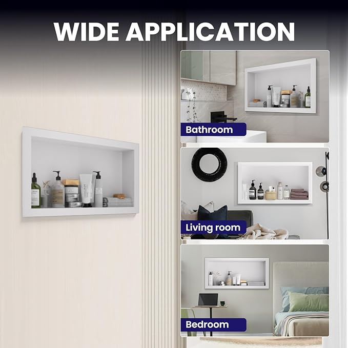 Stainless Steel Shower Niche 12" X 24"，Single Shelf Niches Bathroom Shelf Recessed Wall Niche No Tile Needed Shower Shelf for Bathroom Storage (White, 12 x 24)