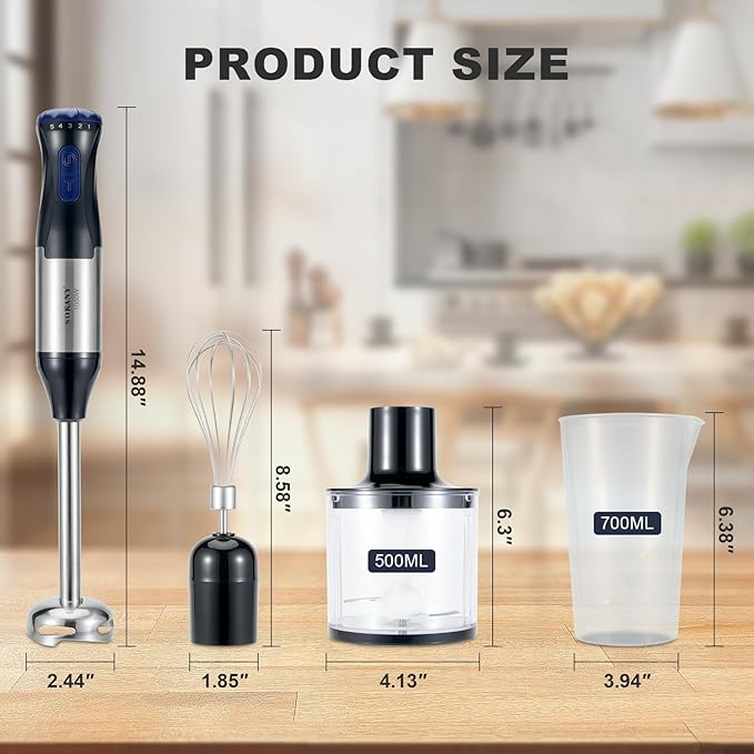Immersion Blender, 5 Variable Speeds & Turbo, 4-In-1 Stainless Steel Handheld Blender Stick Mixer with Egg Whisk, Beaker & Chopper Bowl