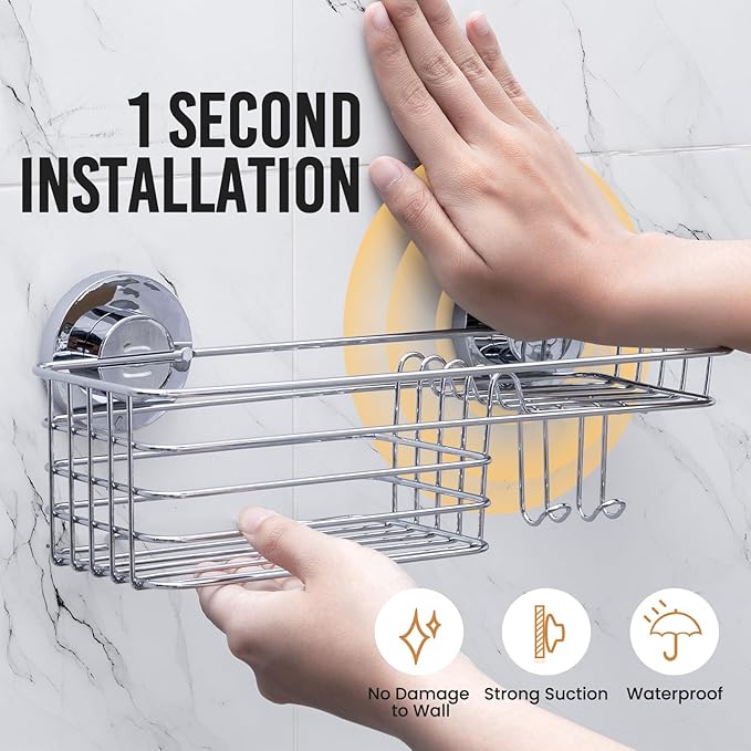 LEVERLOC Shower Caddy Suction Cup, Organizer with Hooks & Soap holder for Inside Shower, Removable Bathroom Shelf