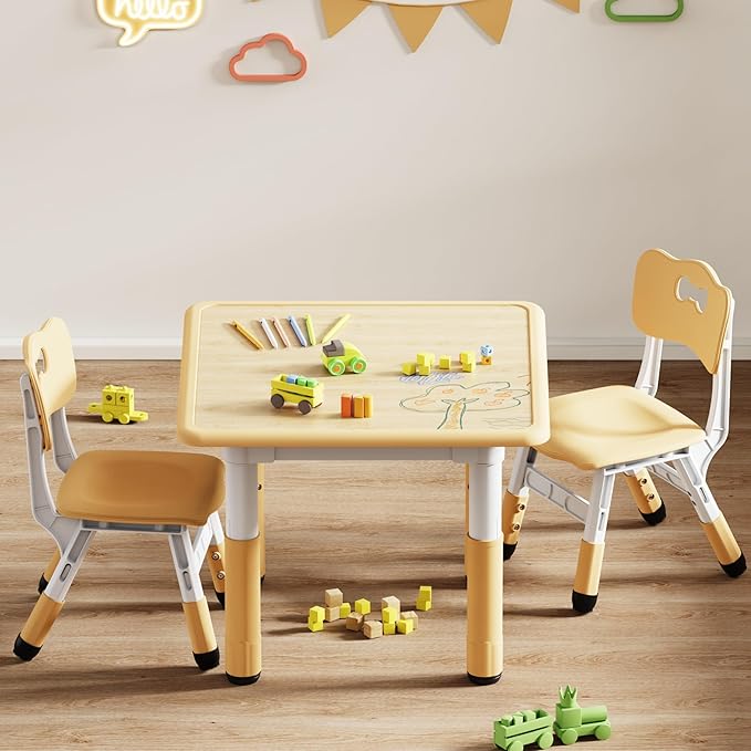 Brelley Kids Table and 2 Chairs Set, Height Adjustable Toddler Desk and Chair Set, Graffiti Desktop, Classroom/Daycare/Home, Children Multi-Activity Table for Ages 2-8