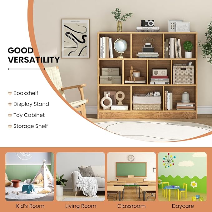 Costzon Wooden Toy Storage Organizer, 10-Cube Kids Bookshelf w/ 2 Anti-Toppling Kits, 3 Tier Open Shelves & Non-Slip Foot Pads, Book Shelf for Kids Rooms, Playroom, Classroom, Nursery (Natural)