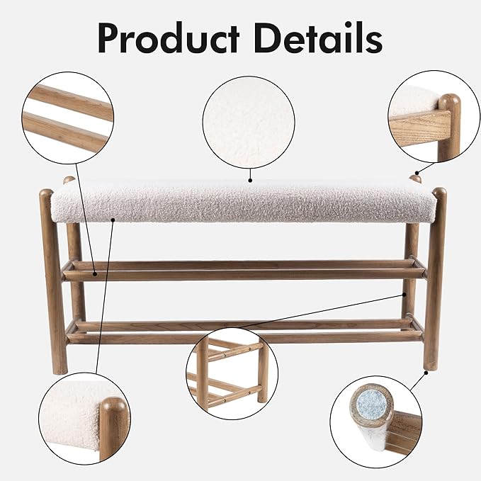 Solid Wood Entryway Bench with Shoe Storage, Rustic Oak Wood and Sherpa Fabric 45 Inch Long Seating for Living and Dining Rooms, 3-Tier White