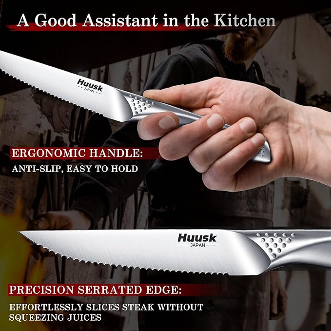 Huusk Serrated Steak Knives Set, 4.5" Japanese Stainless Steel Steak Knives Set of 8, Sharp Dishwasher Safe Dinner Knife for Kitchen Table with Gift Box