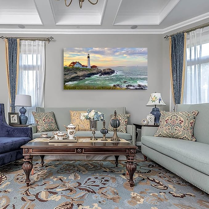 Sunset Lighthouse Canvas Wall Art for Living Room Wall Decor Sunset Seascape Canvas Pictures Ocean Canvas Prints Nature Canvas Artwork Office Home Wall Decorations Framed Ready to Hang 24" x 48"